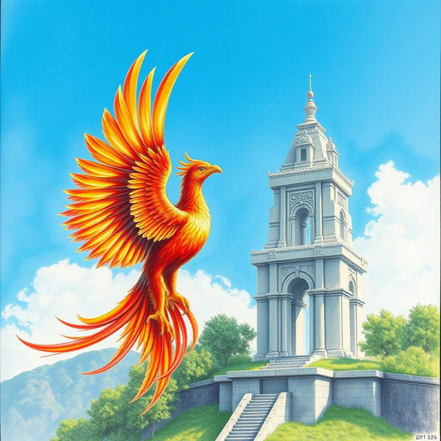 A stunning pencil drawing of a majestic phoenix, with vibrant plumage of reds, oranges, and golds, soaring gracefully through a clear blue sky