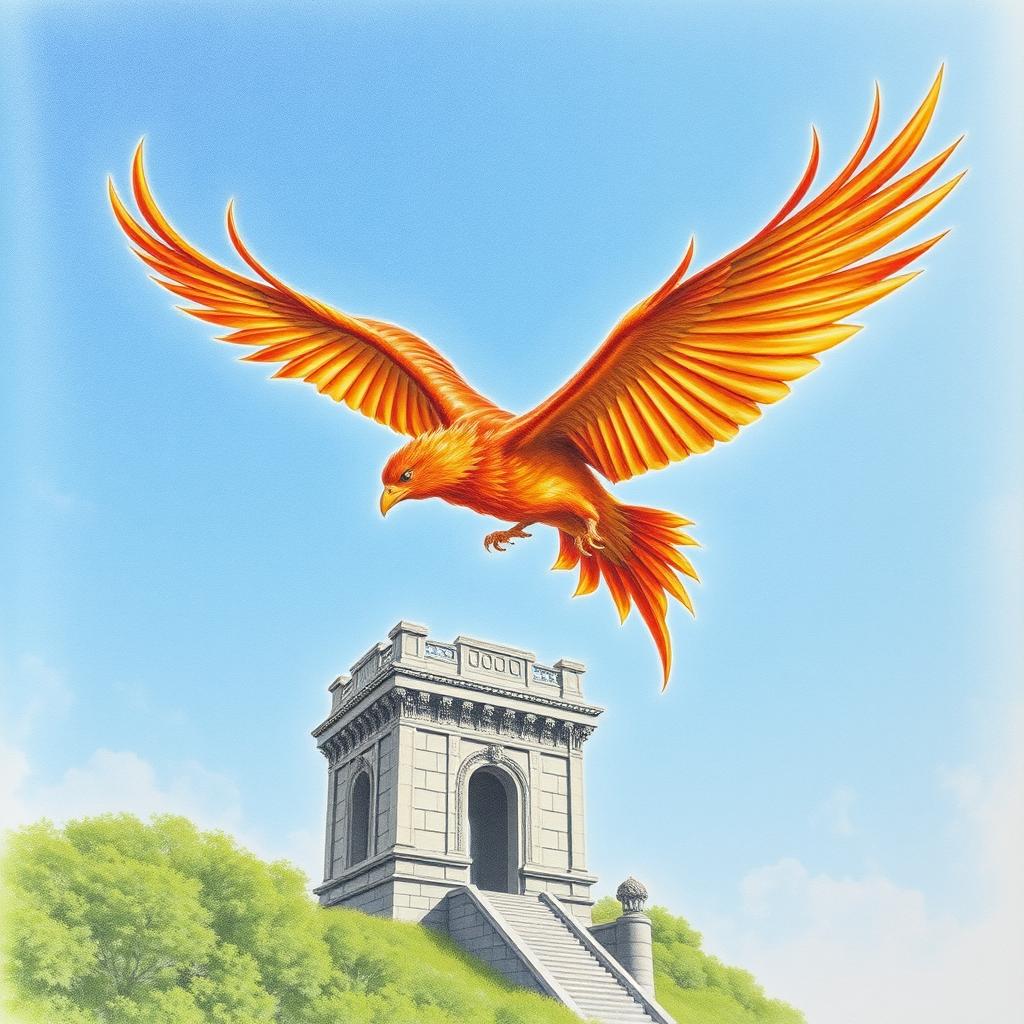 A stunning pencil drawing of a majestic phoenix, with vibrant plumage of reds, oranges, and golds, soaring gracefully through a clear blue sky