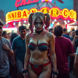 A sad Harley Quinn wearing a strapless bikini that accentuates her sexy ass, feeling overwhelmed as she is surrounded by a dense crowd of male onlookers outside a cheap Indian carnival
