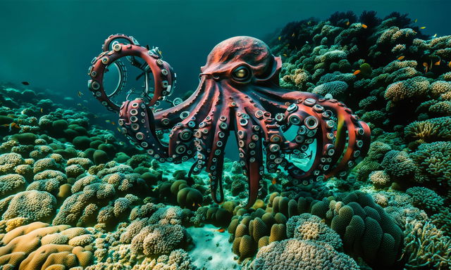 Ultra HD National Geographic photograph featuring a mechanical octopus amidst a vibrant coral reef in 32k resolution.