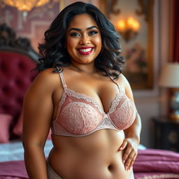 A beautiful curvy woman confidently showcasing her voluptuous figure, wearing an eye-catching, stylish bra that highlights her curves
