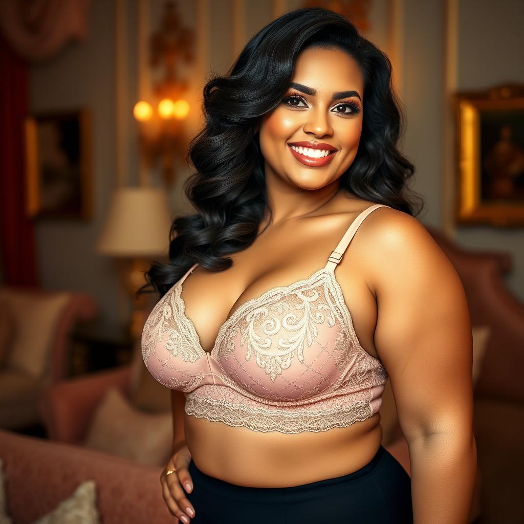 A beautiful curvy woman confidently showcasing her voluptuous figure, wearing an eye-catching, stylish bra that highlights her curves