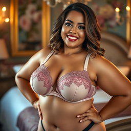 A beautiful curvy woman confidently showcasing her voluptuous figure, wearing an eye-catching, stylish bra that highlights her curves