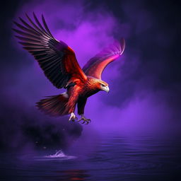 A majestic red-hued giant eagle swooping down towards a river, its huge talon just about to grasp the shimmering water