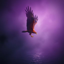 A majestic red-hued giant eagle swooping down towards a river, its huge talon just about to grasp the shimmering water
