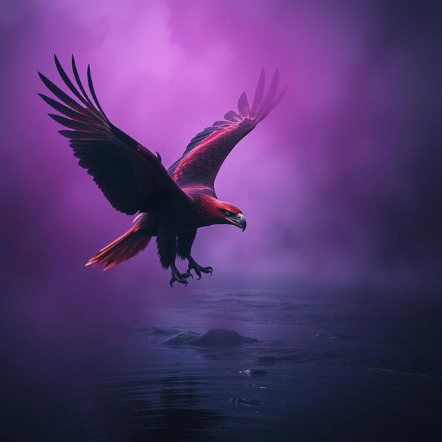 A majestic red-hued giant eagle swooping down towards a river, its huge talon just about to grasp the shimmering water