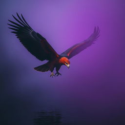 A majestic red-hued giant eagle swooping down towards a river, its huge talon just about to grasp the shimmering water