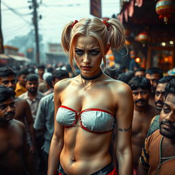 A sad Harley Quinn in a strapless bikini that highlights her sexy ass, feeling overwhelmed and vulnerable as she is surrounded by a dense crowd of male onlookers outside a cheap Indian village mela