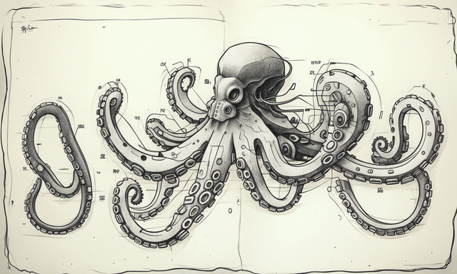 Ultra HD minimalist fine line pencil sketch of a mechanical octopus.