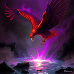 A majestic red-hued giant eagle swooping down towards a river, its enormous talon reaching for the shimmering water surface