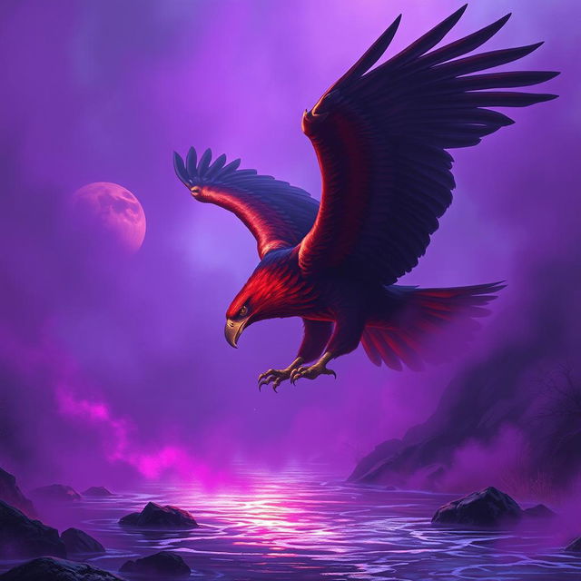 A majestic red-hued giant eagle swooping down towards a river, its enormous talon reaching for the shimmering water surface