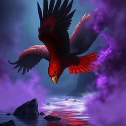 A majestic red-hued giant eagle swooping down towards a river, its enormous talon reaching for the shimmering water surface