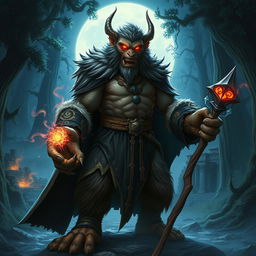 A fierce bugbear sorcerer, standing tall and looming with a rugged posture, showcasing a mix of fur and muscular build