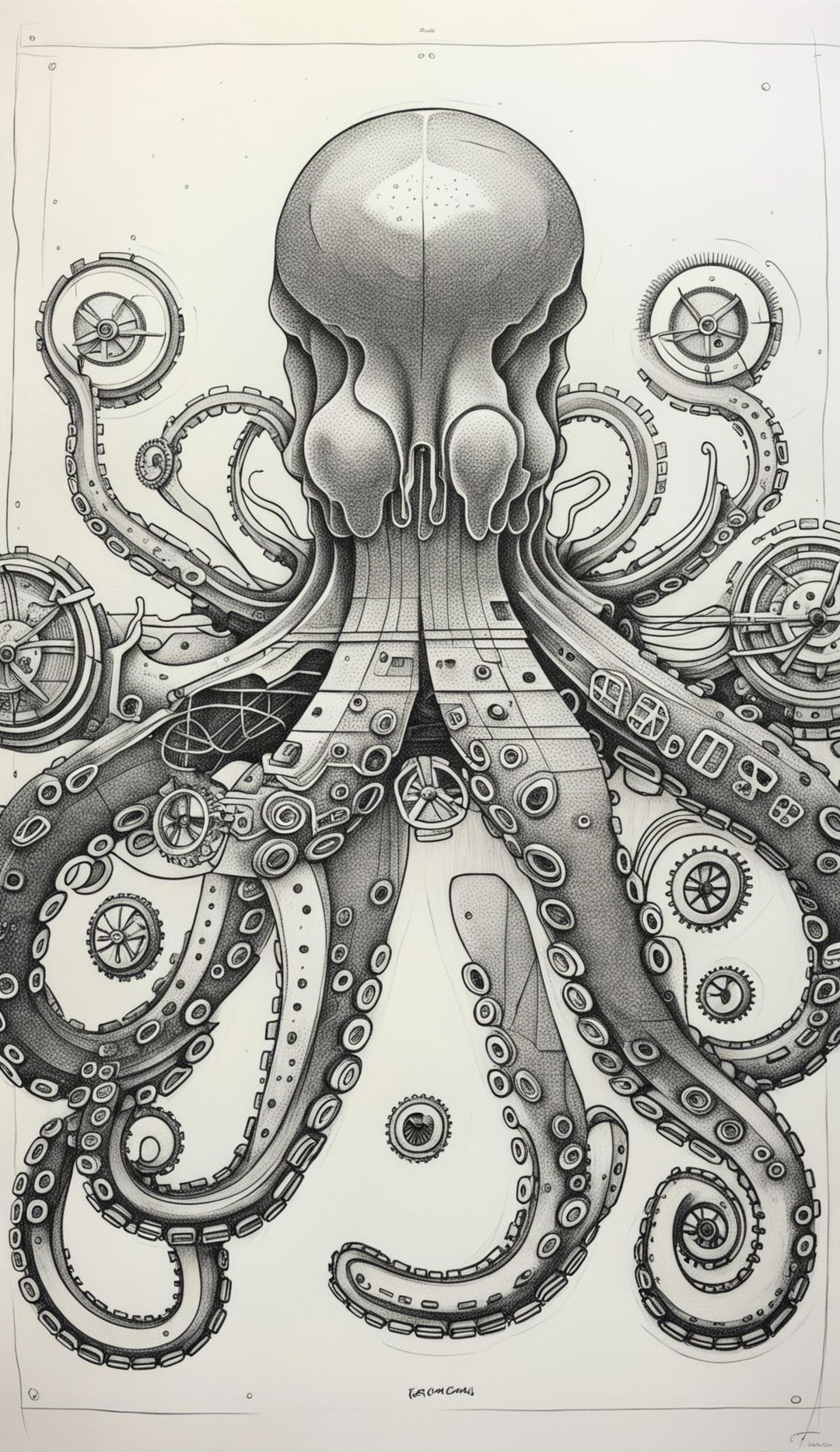 Ultra intricate fine line ball-point pen sketch of a mechanical octopus.