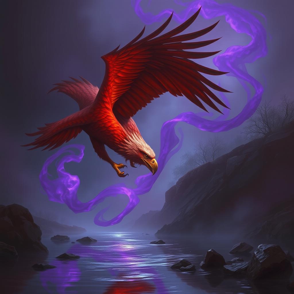 A striking red-hued giant eagle swooping down towards a tranquil river, its powerful talon reaching to grasp the surface of the water