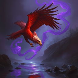 A striking red-hued giant eagle swooping down towards a tranquil river, its powerful talon reaching to grasp the surface of the water