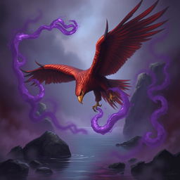 A striking red-hued giant eagle swooping down towards a tranquil river, its powerful talon reaching to grasp the surface of the water