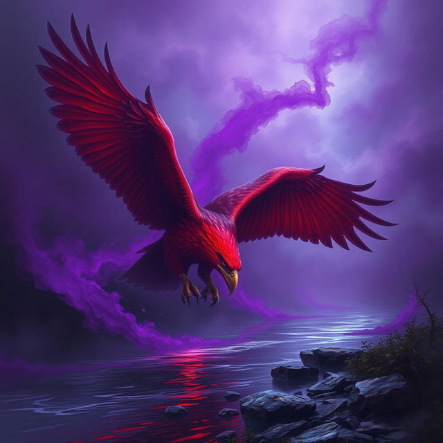 A striking red-hued giant eagle swooping down towards a tranquil river, its powerful talon reaching to grasp the surface of the water