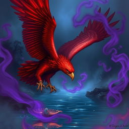 A striking red-hued giant eagle swooping down towards a tranquil river, its powerful talon reaching to grasp the surface of the water