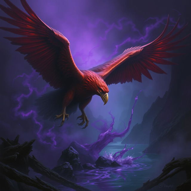 A stunning red-hued giant eagle swooping down towards a dark river, its powerful talon poised to grasp the water's surface