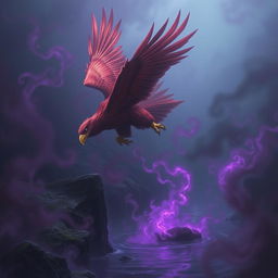 A stunning red-hued giant eagle swooping down towards a dark river, its powerful talon poised to grasp the water's surface