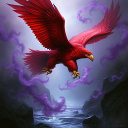 A stunning red-hued giant eagle swooping down towards a dark river, its powerful talon poised to grasp the water's surface
