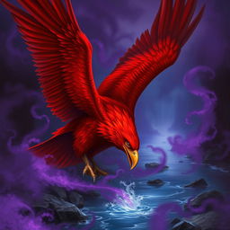 A stunning red-hued giant eagle swooping down towards a dark river, its powerful talon poised to grasp the water's surface