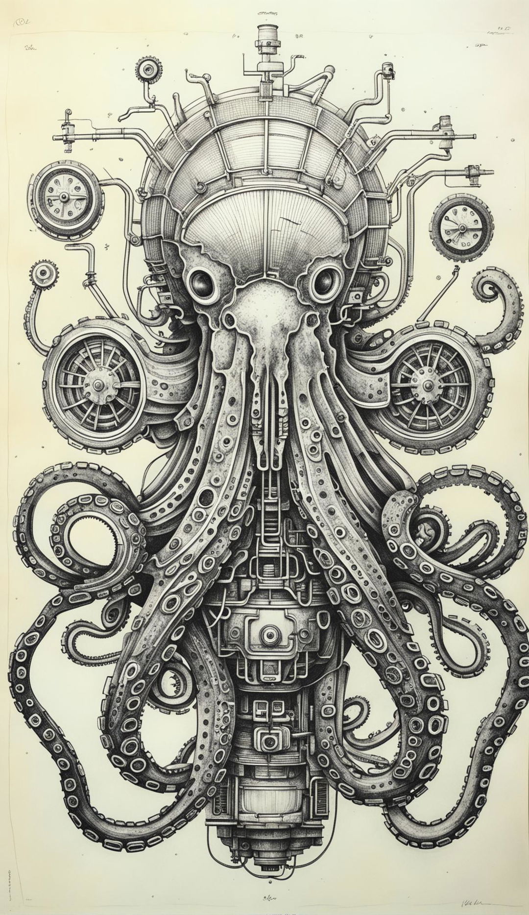 Another ultra intricate fine line ball-point pen sketch of a mechanical octopus.