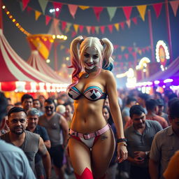 An American Harley Quinn in a strapless bikini that emphasizes her sexy ass, confidently surrounded by a dense crowd of male admirers outside a lively cheap Indian circus