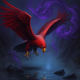 An awe-inspiring red-hued giant eagle swooping down towards a dark, reflective river, with its powerful talon reaching out to grasp the water's surface