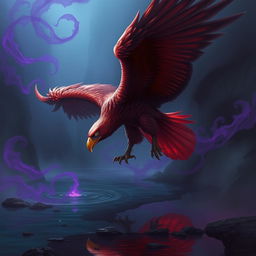An awe-inspiring red-hued giant eagle swooping down towards a dark, reflective river, with its powerful talon reaching out to grasp the water's surface