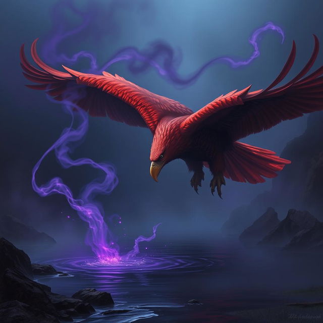 An awe-inspiring red-hued giant eagle swooping down towards a dark, reflective river, with its powerful talon reaching out to grasp the water's surface