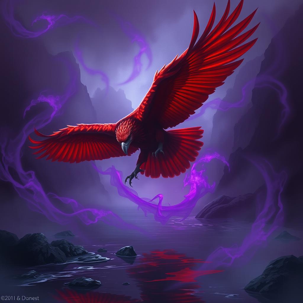 An awe-inspiring red-hued giant eagle swooping down towards a dark, reflective river, with its powerful talon reaching out to grasp the water's surface