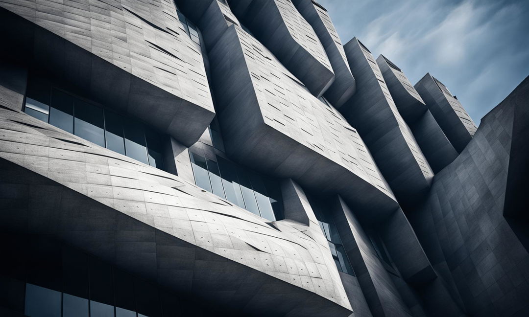 A 32k HD architectural photograph showcasing a brutalist facade with intricate parametric design.