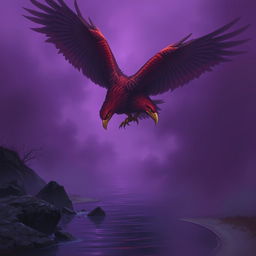 A magnificent red-hued giant eagle swooping down toward a dark, reflective river, its sharp talon reaching out to grasp the water's surface