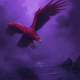 A magnificent red-hued giant eagle swooping down toward a dark, reflective river, its sharp talon reaching out to grasp the water's surface