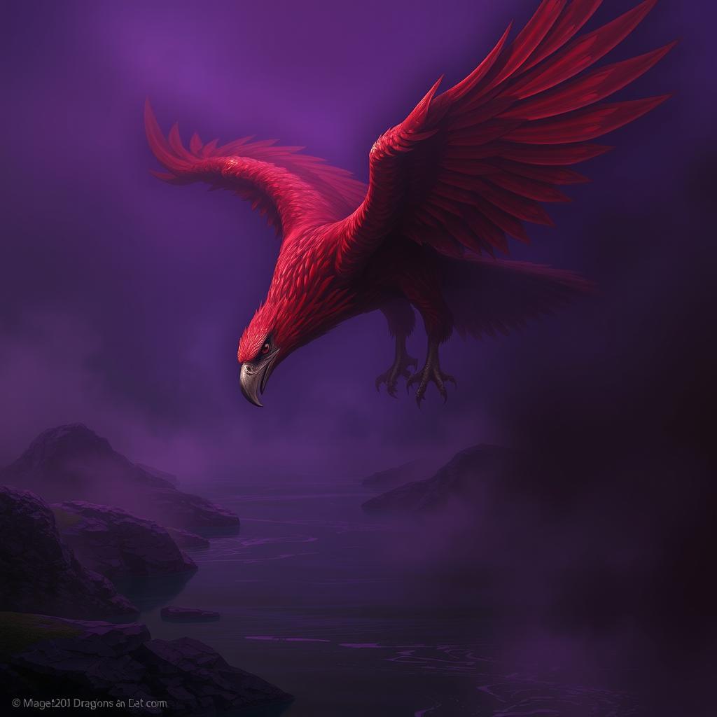 A magnificent red-hued giant eagle swooping down toward a dark, reflective river, its sharp talon reaching out to grasp the water's surface