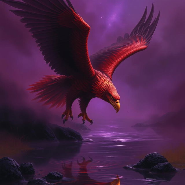 A magnificent red-hued giant eagle swooping down toward a dark, reflective river, its sharp talon reaching out to grasp the water's surface