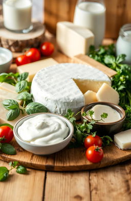 A beautifully arranged display of various dairy products on a wooden table