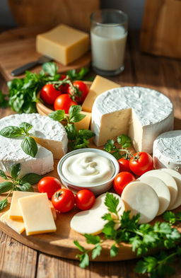 A beautifully arranged display of various dairy products on a wooden table