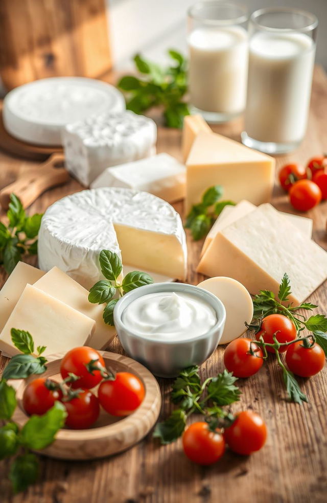 A beautifully arranged display of various dairy products on a wooden table