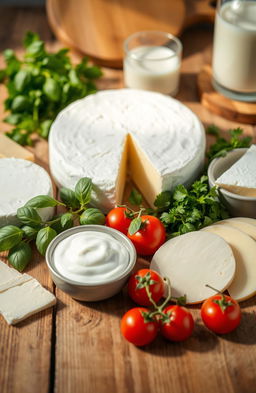 A beautifully arranged display of various dairy products on a wooden table