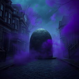 A dark cobblestone street featuring a row of abandoned Victorian houses, adding an eerie and mysterious atmosphere