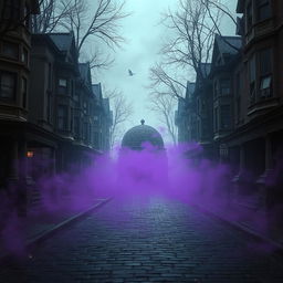 A dark cobblestone street featuring a row of abandoned Victorian houses, adding an eerie and mysterious atmosphere