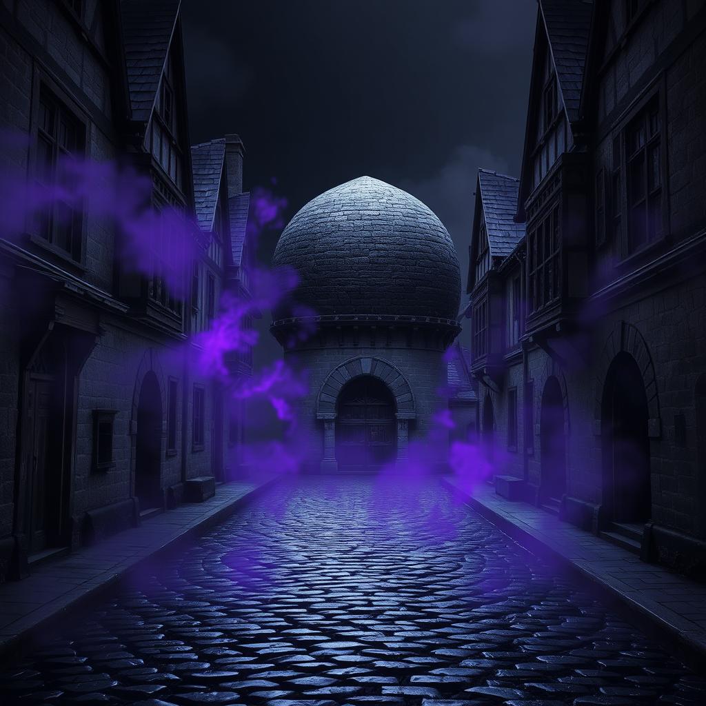 A dark cobblestone street lined with abandoned medieval houses, creating an atmosphere steeped in mystery and history