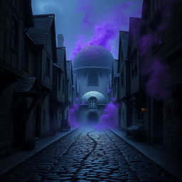 A dark cobblestone street lined with abandoned medieval houses, creating an atmosphere steeped in mystery and history