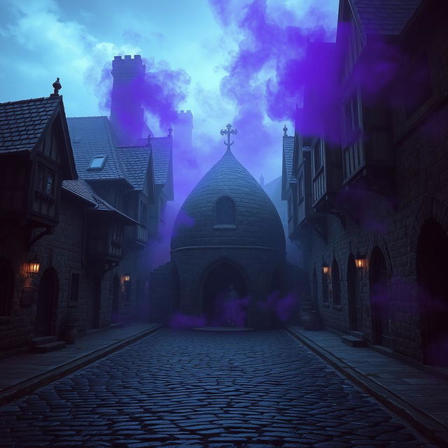 A dark cobblestone street lined with abandoned medieval houses, creating an atmosphere steeped in mystery and history