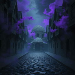 A dark cobblestone street lined with abandoned medieval houses, creating an atmosphere steeped in mystery and history