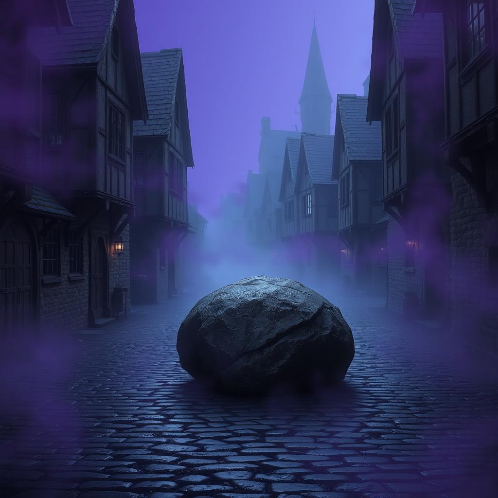 A dark cobblestone street lined with abandoned medieval houses, shrouded in an aura of mystery and history