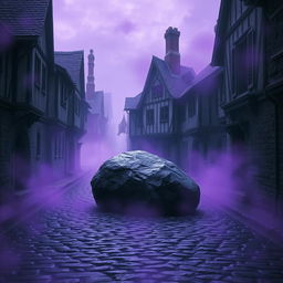 A dark cobblestone street lined with abandoned medieval houses, shrouded in an aura of mystery and history